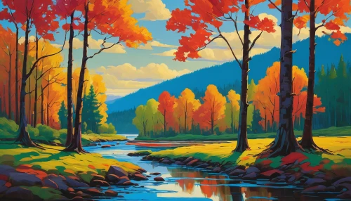 fall landscape,autumn landscape,river landscape,forest landscape,landscape background,autumn mountains,autumn background,nature landscape,aspen,autumn trees,salt meadow landscape,autumn forest,vail,mountain scene,fall foliage,mountain landscape,mountain river,painting technique,flowing creek,brook landscape,Illustration,American Style,American Style 12