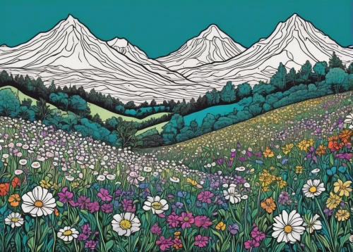 alpine meadow,alpine flowers,mountain meadow,the valley of flowers,salt meadow landscape,blanket of flowers,flower field,mountain scene,himalaya,field of flowers,alpine meadows,flower meadow,japanese alps,blooming field,mountains,flowering meadow,alpine flower,annapurna,eiger,tulip festival,Illustration,Black and White,Black and White 14