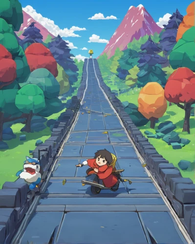 two track,railroad track,track,journey,wooden track,railroad,road to nowhere,train ride,tracks,railway track,long road,mountain highway,train track,racing road,rail road,old tracks,railroad tracks,railroad line,sky train,crossing the highway,Illustration,Japanese style,Japanese Style 14