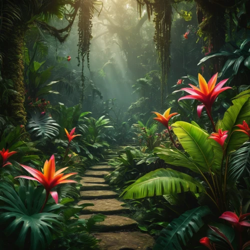 tropical jungle,tropical floral background,rain forest,tropical flowers,tropical bloom,rainforest,garden of eden,exotic plants,fairy forest,forest floor,tropics,tropical greens,tropical island,costa rica,forest path,pathway,jungle,full hd wallpaper,bromeliad,tropical tree,Photography,General,Fantasy