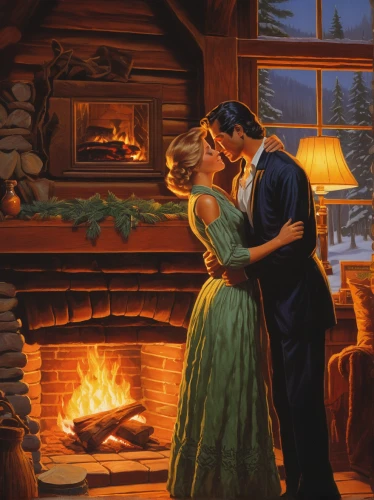 romantic scene,christmas scene,christmas fireplace,mistletoe,romance novel,romantic night,fire place,fireplace,shepherd romance,christmas picture,yule log,warmth,vintage christmas,romantic portrait,romantic,romance,modern christmas card,young couple,warm and cozy,log fire,Illustration,Retro,Retro 14