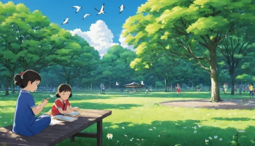 studio ghibli,girl and boy outdoor,picnic,child in park,summer day,walk in a park,paper boat,idyll,clover meadow,sakura background,anime 3d,meadow play,park akanda,background image,japanese sakura background,summer meadow,landscape background,in the park,euphonium,in the early summer,Illustration,Japanese style,Japanese Style 17