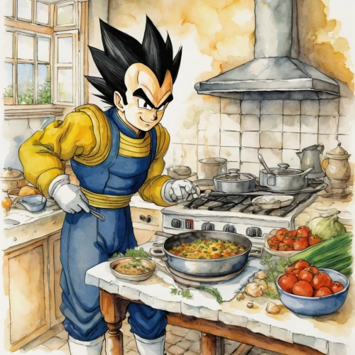 vegeta,son goku,takikomi gohan,goku,cooking book cover,cooking vegetables,cooking,dwarf cookin,thanksgiving background,chef,cook,trunks,food and cooking,shallot,red cooking,dragon ball,making food,dragonball,kitchen work,cookery,Illustration,Paper based,Paper Based 29