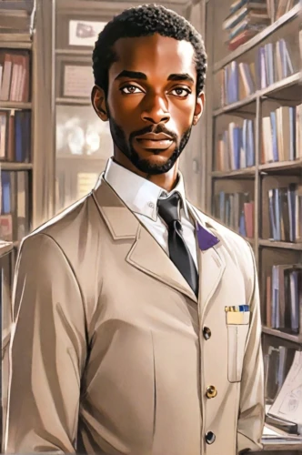 african businessman,black businessman,black professional,a black man on a suit,theoretician physician,librarian,barrister,african american male,white-collar worker,civil servant,butler,concierge,cartoon doctor,clerk,black male,bookkeeper,attorney,a uniform,author,sci fiction illustration