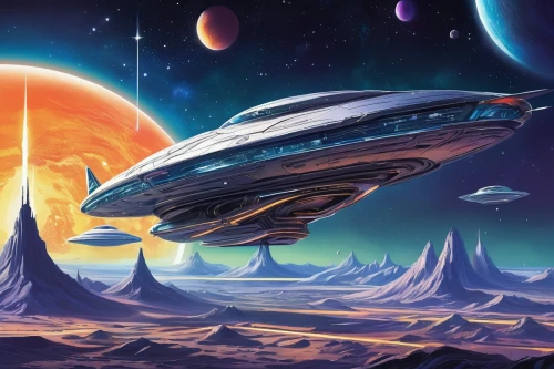 futuristic landscape,alien planet,sci fiction illustration,alien world,alien ship,starship,space ships,extraterrestrial life,scifi,space art,planet alien sky,exoplanet,ufos,sci fi,heliosphere,binary system,spaceships,federation,sci-fi,sci - fi,Illustration,Retro,Retro 20