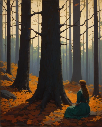 girl with tree,forest landscape,the girl next to the tree,forest of dreams,autumn idyll,idyll,girl lying on the grass,the forest,the evening light,girl with bread-and-butter,in the forest,forest background,forest,the forests,forest glade,deciduous forest,evening atmosphere,autumn forest,coniferous forest,one autumn afternoon,Art,Classical Oil Painting,Classical Oil Painting 14