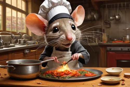 ratatouille,mouse bacon,chef,cookery,mousetrap,mouse,cooking book cover,men chef,red cooking,mice,food and cooking,year of the rat,caterer,lab mouse icon,cooking,cuisine classique,mouse trap,vintage mice,rataplan,pastry chef,Conceptual Art,Fantasy,Fantasy 18