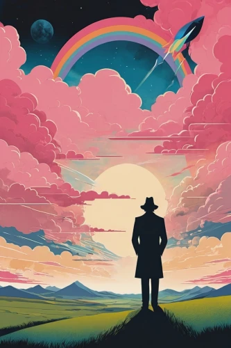 cowboy silhouettes,pilgrim,traveller,wanderer,the horizon,ufos,sky,man silhouette,horizon,cosmos,rainbow clouds,would a background,travelers,background image,the wanderer,plains,sci fiction illustration,ufo,rainbow background,traveler,Illustration,Japanese style,Japanese Style 06