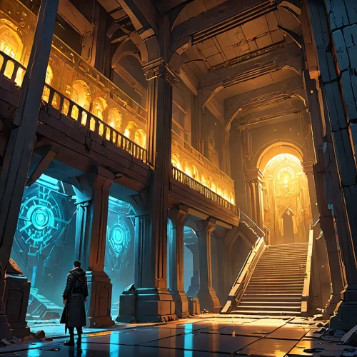 hall of the fallen,concept art,sci fiction illustration,mausoleum ruins,cg artwork,ancient city,pillars,stargate,chamber,sanctuary,imperial shores,futuristic art museum,portal,court of justice,atlantis,the threshold of the house,mining facility,backgrounds,tombs,cathedral,Anime,Anime,General