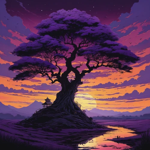 bonsai,purple landscape,jacaranda,lone tree,serengeti,isolated tree,tree of life,colorful tree of life,purple wallpaper,dusk,tree silhouette,the japanese tree,magic tree,painted tree,bonsai tree,dragon tree,a tree,tangerine tree,jacaranda trees,flourishing tree,Illustration,Realistic Fantasy,Realistic Fantasy 12