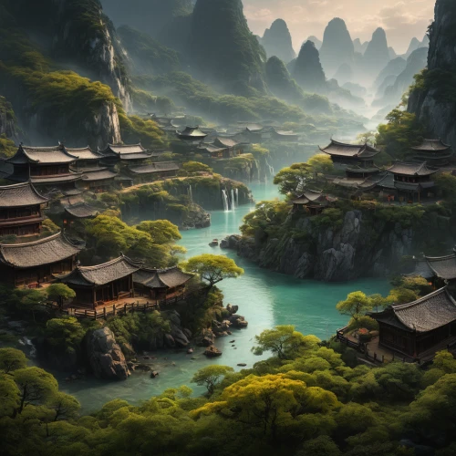 chinese architecture,fantasy landscape,guilin,chinese art,yunnan,chinese temple,guizhou,japan landscape,ancient city,asian architecture,wuyi,south korea,tigers nest,huangshan maofeng,mountain settlement,world digital painting,huashan,zhangjiajie,chinese background,mountainous landscape,Photography,General,Fantasy