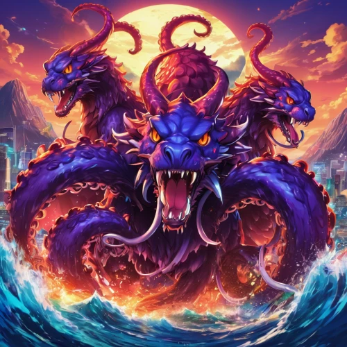 god of the sea,sea god,poseidon,kraken,dragon li,medusa gorgon,cuthulu,barongsai,sea devil,poseidon god face,cg artwork,sea monsters,painted dragon,skordalia,fire background,dragon fire,chinese dragon,black dragon,wyrm,dragon,Illustration,Japanese style,Japanese Style 03