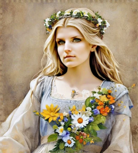 jessamine,beautiful girl with flowers,girl in flowers,flower crown of christ,girl in a wreath,bouguereau,flower crown,floral wreath,young girl,flower girl,girl picking flowers,blooming wreath,laurel wreath,wreath of flowers,portrait of a girl,celtic woman,flower garland,trisha yearwood,flower painting,flower wreath