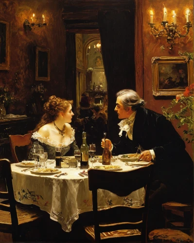 courtship,romantic dinner,young couple,romantic scene,dining,dinner for two,bistrot,fine dining restaurant,conversation,dinner party,the listening,romantic meeting,man and wife,date,new york restaurant,apéritif,tearoom,romantic portrait,romantic night,waiter,Art,Classical Oil Painting,Classical Oil Painting 09