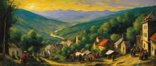 village scene,vail,khokhloma painting,pilgrims,mountain scene,val bavona,1925,church painting,1929,1926,mountain village,1921,village festival,transilvania,rural landscape,vajont,rosa khutor,1940,tarasp,alpine village,Art,Classical Oil Painting,Classical Oil Painting 08