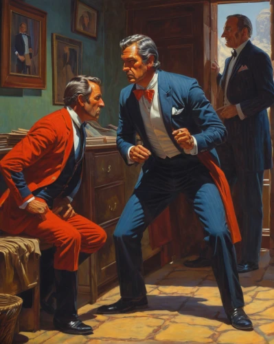 assassination,assassination attempt,gentlemen,gentlemanly,knockout punch,men sitting,handshake,hand shake,lawyers,the referee,punch,secret service,stage combat,businessmen,business men,handshaking,courtship,interrogation point,friendly punch,oddcouple,Illustration,Retro,Retro 14