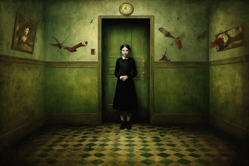 gothic portrait,gothic woman,doll's house,the threshold of the house,witch house,the morgue,gothic,dark art,clockmaker,absinthe,threshold,gothic fashion,gothic style,banishment,dark gothic mood,surrealism,marionette,gothic dress,goth woman,black coat,Illustration,Realistic Fantasy,Realistic Fantasy 35
