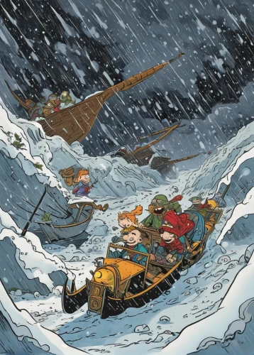 sleigh ride,dug out canoe,gnome skiing,snow plow,sled,christmas sled,santa sleigh,snowmobile,snowplow,sledding,sleigh,sleds,snow scene,winter trip,sleigh with reindeer,ice racing,ice boat,north pole,canoeing,christmas caravan,Illustration,Children,Children 02