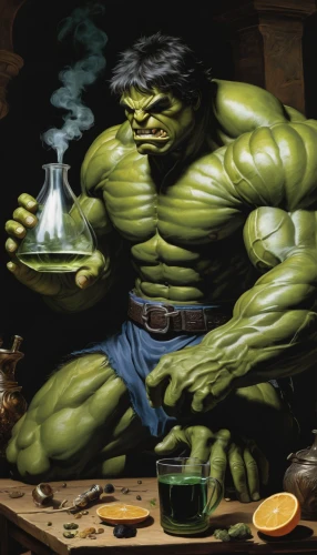 incredible hulk,avenger hulk hero,hulk,dwarf cookin,apothecary,tinsmith,coffee grinder,green goblin,bodybuilding supplement,coffee grinds,alchemy,cleanup,candlemaker,matcha,winemaker,cookery,herbal medicine,sci fiction illustration,painting technique,tabletop game,Art,Classical Oil Painting,Classical Oil Painting 21