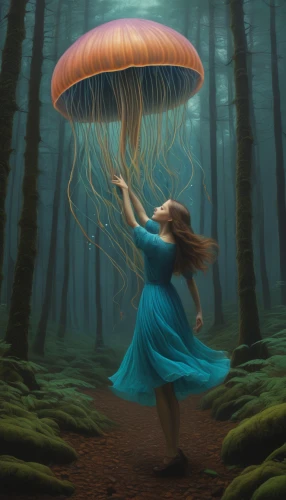 ballerina in the woods,fairies aloft,faerie,sci fiction illustration,faery,fantasy picture,world digital painting,little girl in wind,mushroom landscape,fantasy art,blue mushroom,forest mushroom,whirling,flying seed,flying seeds,fairy peacock,photo manipulation,alice in wonderland,dryad,forest of dreams,Conceptual Art,Daily,Daily 30