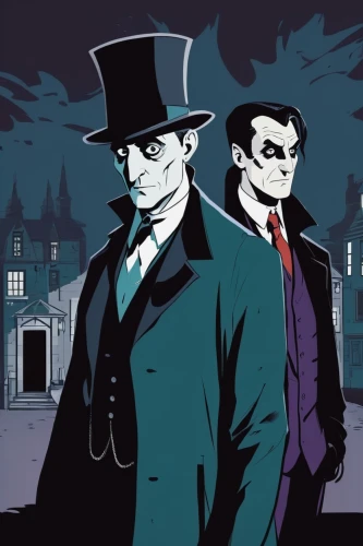 mafia,mobster couple,vampires,detective,gentleman icons,holmes,businessmen,sherlock holmes,two face,business men,rorschach,dracula,nightshade family,investigator,halloween poster,inspector,consultants,business icons,de ville,sherlock,Illustration,Japanese style,Japanese Style 06