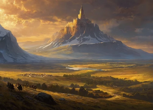 fantasy landscape,fantasy picture,mountain landscape,mountain settlement,mountainous landscape,mountain plateau,northrend,mountain scene,high landscape,yellow mountains,heroic fantasy,giant mountains,jrr tolkien,mountain sunrise,volcanic landscape,fantasy art,the landscape of the mountains,mountain world,landscape background,devil's tower,Conceptual Art,Daily,Daily 06