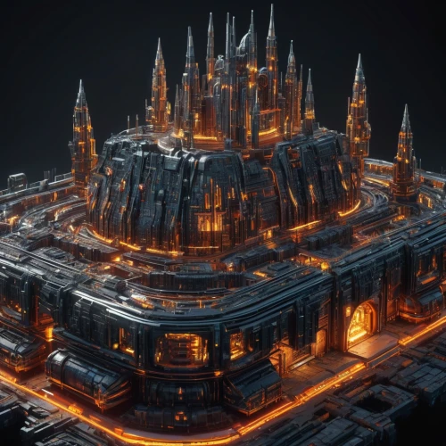 haunted cathedral,cathedral,castle of the corvin,gold castle,3d render,3d rendered,render,3d fantasy,metropolis,nidaros cathedral,ancient city,medieval architecture,crown render,turrets,notre dame,3d rendering,fantasy city,hogwarts,solar cell base,byzantine architecture,Photography,General,Sci-Fi