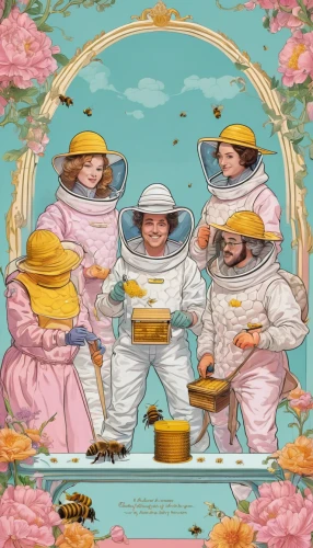beekeeper,beekeepers,beekeeping,bee farm,bees,honey bees,honeybees,bee keeping,astronauts,beekeeper plant,swarm of bees,apiary,bee colonies,bee colony,bee-keeping,beehives,honey jars,beekeeper's smoker,honey bee home,bee-dome,Conceptual Art,Fantasy,Fantasy 24