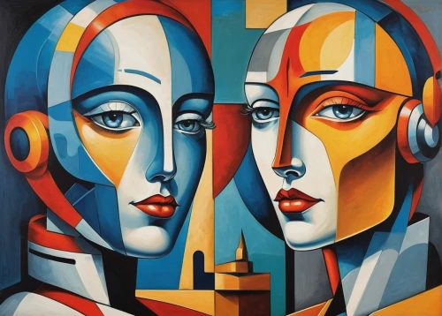 two people,man and woman,art deco woman,two girls,art deco,heads,oil painting on canvas,universal exhibition of paris,faces,pop art people,cool pop art,art painting,dualism,vintage man and woman,young couple,cubism,david bates,musicians,vintage art,art exhibition,Art,Artistic Painting,Artistic Painting 45