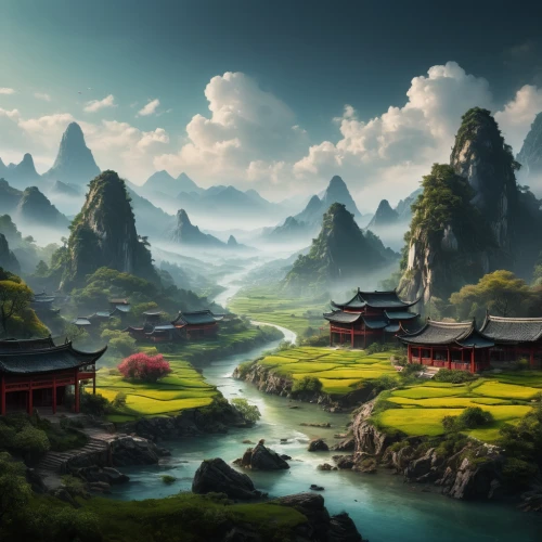 fantasy landscape,world digital painting,landscape background,chinese art,chinese background,japan landscape,chinese clouds,oriental,yunnan,mountainous landscape,chinese temple,chinese architecture,oriental painting,asian architecture,mountain landscape,guizhou,guilin,japanese background,ancient city,mountain scene,Photography,General,Fantasy