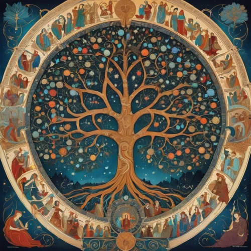 colorful tree of life,tree of life,the branches of the tree,celtic tree,mantra om,dharma wheel,family tree,harmonia macrocosmica,zodiac,bodhi tree,flourishing tree,copernican world system,sacred fig,mother earth,the branches,connectedness,circle around tree,pachamama,motifs of blue stars,anahata,Illustration,Abstract Fantasy,Abstract Fantasy 07