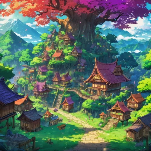 fairy village,studio ghibli,fairy world,meteora,aurora village,mushroom landscape,fairy forest,fantasy landscape,cartoon forest,home landscape,background with stones,landscape background,treehouse,background screen,house in the forest,mountain village,forest background,tree house,japan landscape,japanese sakura background,Illustration,Japanese style,Japanese Style 03