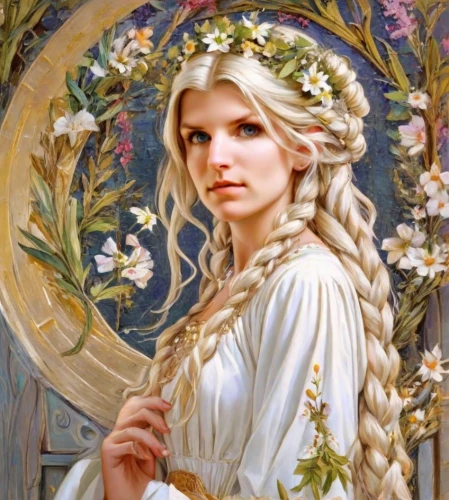 jessamine,emile vernon,girl in a wreath,girl in flowers,wreath of flowers,blooming wreath,floral wreath,flower crown of christ,fantasy portrait,faery,beautiful girl with flowers,flower fairy,girl picking flowers,white rose snow queen,faerie,rapunzel,fairy queen,romantic portrait,flower girl,mucha