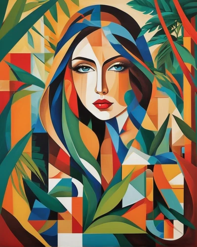 art deco woman,decorative figure,girl in a wreath,girl with tree,cubism,girl in the garden,woman thinking,boho art,adobe illustrator,art deco,art deco background,woman sitting,decorative art,autumn icon,flora,pregnant woman icon,palm leaves,picasso,young woman,portrait of a woman,Art,Artistic Painting,Artistic Painting 45