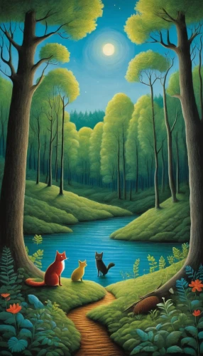 forest animals,woodland animals,forest landscape,hunting scene,fairy forest,forest glade,cartoon forest,hare trail,whimsical animals,enchanted forest,animals hunting,forest background,deciduous forest,flock of chickens,riparian forest,david bates,mushroom landscape,brook landscape,children's background,children's fairy tale,Art,Artistic Painting,Artistic Painting 02