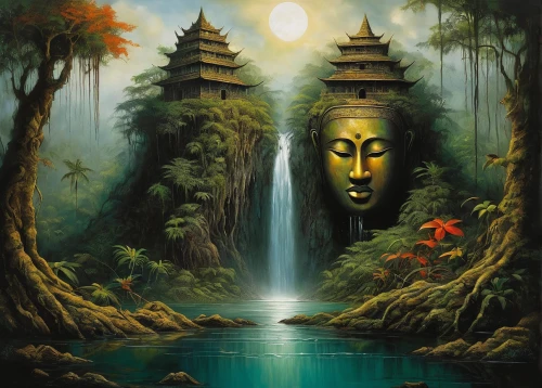 sacred lotus,somtum,buddhism,world digital painting,temples,chinese art,water palace,vipassana,cambodia,thai buddha,water lotus,asian vision,hanging temple,pachamama,asian architecture,fantasy picture,buddha focus,buddhists,chinese temple,forbidden palace,Illustration,Realistic Fantasy,Realistic Fantasy 34