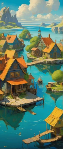 floating huts,fishing village,floating islands,archipelago,popeye village,islands,an island far away landscape,monkey island,seaside resort,floating island,over water bungalows,kei islands,artificial islands,resort town,boat landscape,seaside country,harbor,island,chinese background,artificial island,Art,Classical Oil Painting,Classical Oil Painting 20
