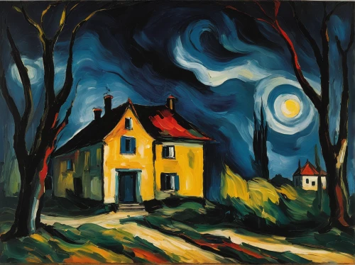 night scene,home landscape,lonely house,orlovsky,the haunted house,house in the forest,moonlit night,house painting,at night,cottage,cottages,houses,post impressionism,row of houses,village scene,starry night,rural landscape,david bates,1926,farmhouse,Art,Artistic Painting,Artistic Painting 37