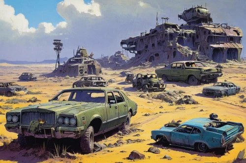 wasteland,post-apocalyptic landscape,vehicles,post apocalyptic,scrapyard,car cemetery,futuristic landscape,junkyard,retro vehicle,patrol cars,caravan,desert safari,desert,digital nomads,post-apocalypse,off-road vehicles,rusty cars,the desert,stone desert,scrap car,Conceptual Art,Sci-Fi,Sci-Fi 18