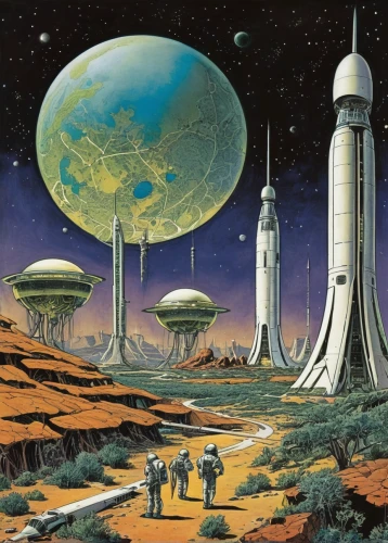 futuristic landscape,alien planet,alien world,terraforming,sci fiction illustration,science fiction,earth station,science-fiction,lunar landscape,space art,sci fi,sci - fi,sci-fi,space port,tranquility base,mission to mars,scifi,cosmonautics day,earth rise,space ships,Illustration,Retro,Retro 06