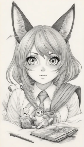 drawing cat,child fox,pencil and paper,pencil frame,kitsune,pencil,graphite,little fox,mechanical pencil,fox,pencil drawing,hand-drawn illustration,note paper and pencil,girl drawing,cute fox,felidae,pencil art,fennec,fluffy diary,a fox,Illustration,Black and White,Black and White 30