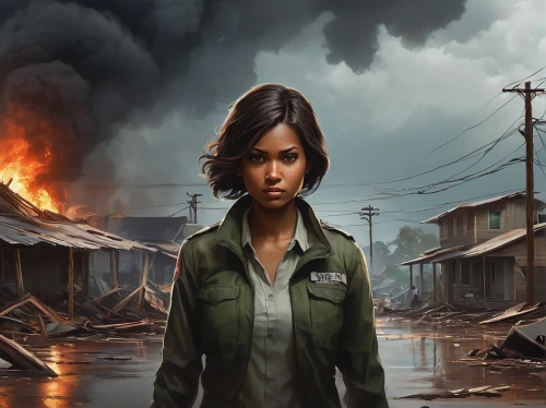 vietnam,lost in war,game illustration,game art,woman fire fighter,apocalyptic,fallout4,children of war,post apocalyptic,croft,sci fiction illustration,the pandemic,destroyed city,pandemic,indonesian,rosa ' amber cover,background image,action-adventure game,jaya,district 9,Conceptual Art,Oil color,Oil Color 12