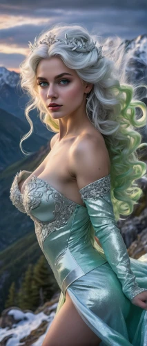 celtic woman,elsa,fantasy picture,the snow queen,white rose snow queen,fantasy art,fantasy woman,ice queen,fantasy portrait,green mermaid scale,celtic queen,heroic fantasy,mermaid background,elven,fairy tale character,3d fantasy,faery,suit of the snow maiden,ice princess,the sea maid