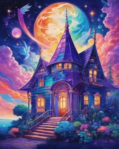 witch's house,witch house,halloween poster,fantasy picture,halloween wallpaper,house silhouette,lonely house,halloween background,the haunted house,fairy tale castle,purple moon,ghost castle,house painting,house of the sea,moon and star background,herfstanemoon,haunted castle,magical,knight house,dream world,Illustration,Realistic Fantasy,Realistic Fantasy 20