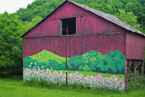 old barn,quilt barn,field barn,barn,blooming grass,red barn,pink grass,flower painting,blooming field,barns,japanese floral background,clover meadow,mountain meadow hay,springtime background,rural landscape,farm background,farm hut,farm landscape,photo painting,country side,Illustration,Retro,Retro 26