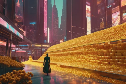 transistor,metropolis,golden rain,kowloon,blocks of cheese,gold wall,cyberpunk,dystopian,fantasy city,shinjuku,cinematic,futuristic landscape,golden scale,gold bars,hall of the fallen,harbour city,hong kong,shanghai,pilgrimage,lego background,Photography,Fashion Photography,Fashion Photography 12