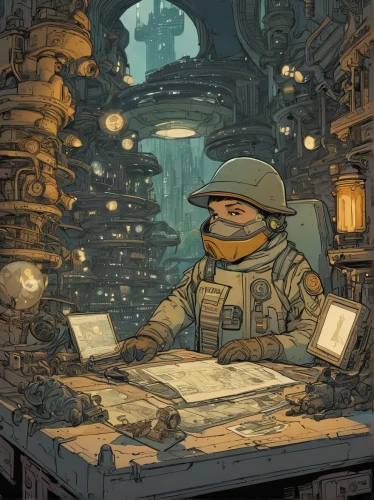 shopkeeper,lost in war,game illustration,vendor,sci fiction illustration,paperwork,merchant,war correspondent,apothecary,scholar,mute,game drawing,scrap dealer,watchmaker,freelancer,man with a computer,browsing,scrap collector,examining,beekeeper,Illustration,Children,Children 04