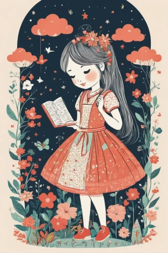 little girl reading,bookworm,little red riding hood,book illustration,girl with tree,kids illustration,girl in flowers,girl in a wreath,girl in the garden,fairy tale character,love letter,girl studying,reading,child with a book,little girl fairy,illustrator,garden fairy,red riding hood,fairy tale,coffee tea illustration,Illustration,Japanese style,Japanese Style 09