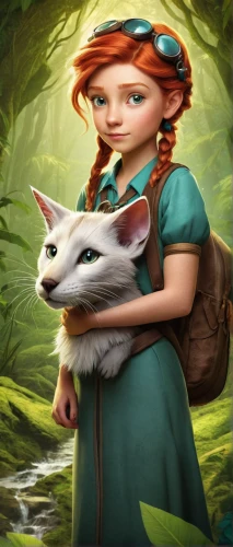 ritriver and the cat,fae,fairy tale character,merida,children's fairy tale,fantasy picture,pet,calico cat,children's background,fairytale characters,fantasy portrait,game illustration,fairy tale icons,world digital painting,woodland animals,girl with dog,artemis,turkish van,sci fiction illustration,felidae,Illustration,Realistic Fantasy,Realistic Fantasy 15