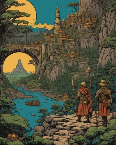 monks,cool woodblock images,buddhists monks,pilgrimage,pilgrims,the mystical path,guards of the canyon,monk,temples,ginkaku-ji,ancient city,heroic fantasy,background with stones,tsukemono,nomads,the wanderer,studio ghibli,monkey island,japan landscape,imperial shores,Illustration,Vector,Vector 15